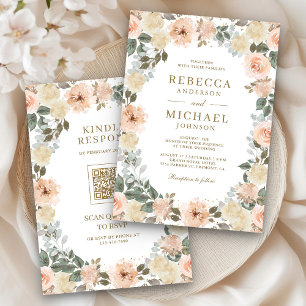 Invitation Code QR Fleurs de Pêche Poussiéreuse Rustique pour