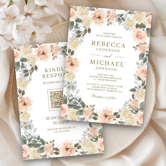 Invitation Code QR Fleurs de Pêche Poussiéreuse Rustique pour