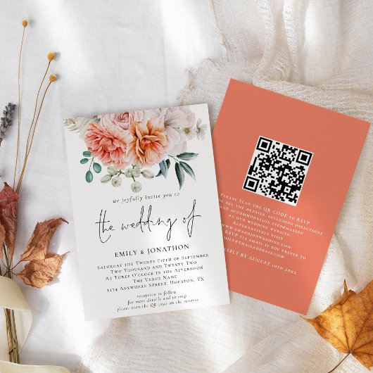 Invitation Code QR Fleurs de Pivoines Péches Mariage