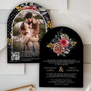 Invitation Code QR Fleurs de Roses de Bourgogne Mariage Noir