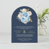 Invitation Code QR Fleurs de Roses en Ivoire Bleu Mariage Nav (Debout devant)