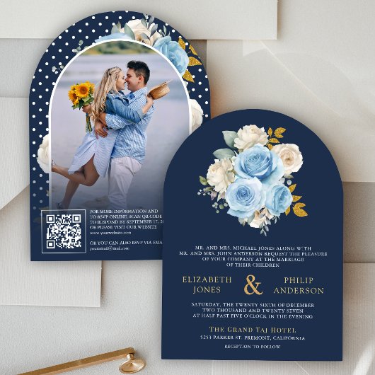 Invitation Code QR Fleurs de Roses en Ivoire Bleu Mariage Nav