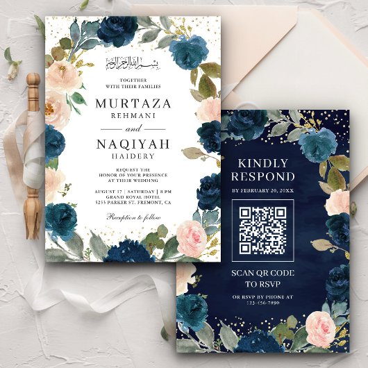 Invitation Code QR Fleurs Mariage Musulman Bleu Nuit et Pêche