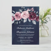 Invitation Code QR Fleurs Rose Poudré Violet Navy Mariage (Debout devant)