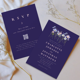 Invitation Code QR Fleurs Sauvages Bleu Marine Rose Mariage