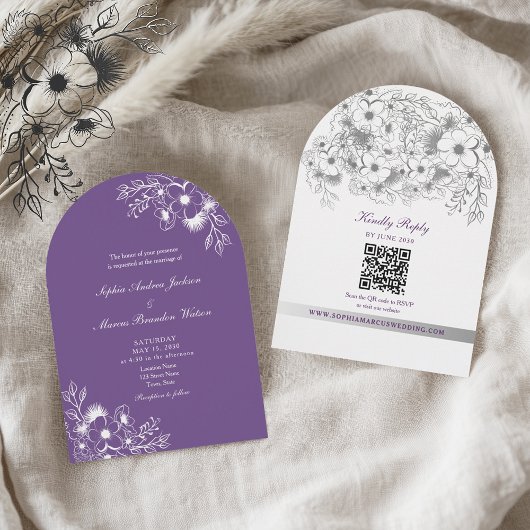 Invitation Code QR Fleurs Violettes Mariage