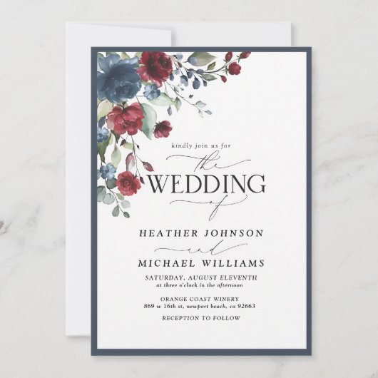 Invitation Code QR floral aquarelle bordeaux marine (Devant)