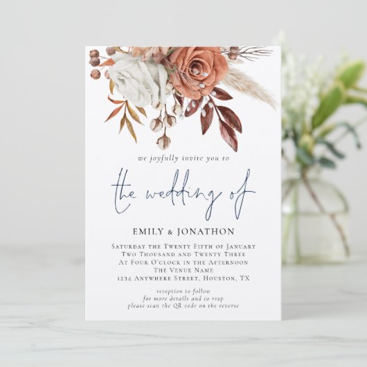 Invitation Code QR Floral Boho Bleu Nuit Mariage d'Hiver (Debout devant)