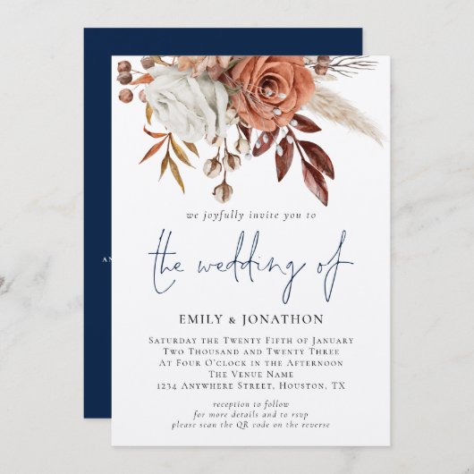 Invitation Code QR Floral Boho Bleu Nuit Mariage d'Hiver (Devant / Derrière)