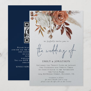 Invitation Code QR Floral Boho Bleu Nuit Mariage d'Hiver