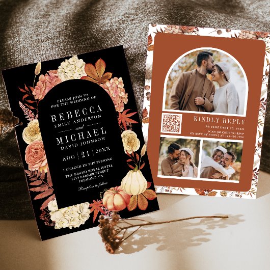 Invitation Code QR Floral Citrouille en Terracotta Mariage No