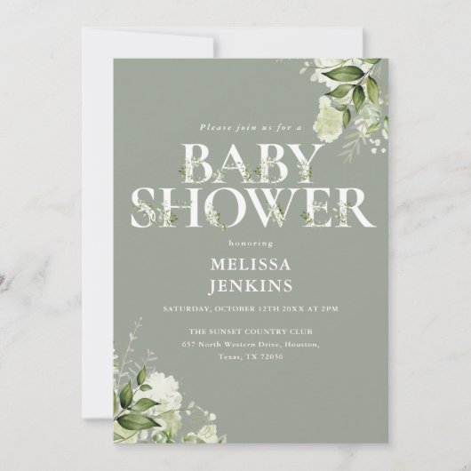 Invitation Code QR floral de la verdure sage pour Baby Shower (Devant)