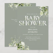 Invitation Code QR floral de la verdure sage pour Baby Shower (Devant / Derrière)