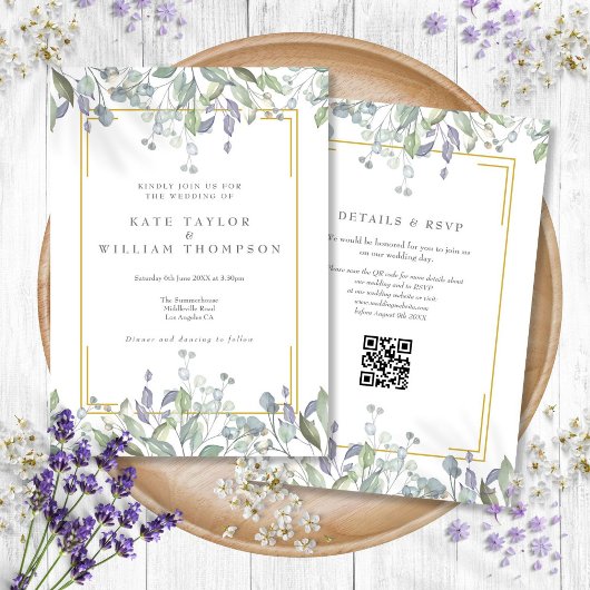Invitation Code QR Floral de Mariage Lilas Sauge Verdure
