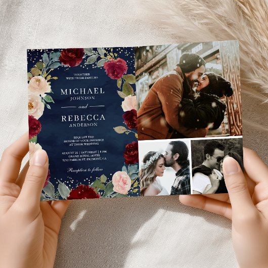 Invitation Code QR Floral de pêche de Bourgogne Mariage bleu 