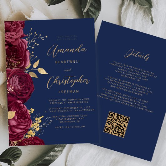 Invitation Code QR Floral Doré Bourgogne Mariage