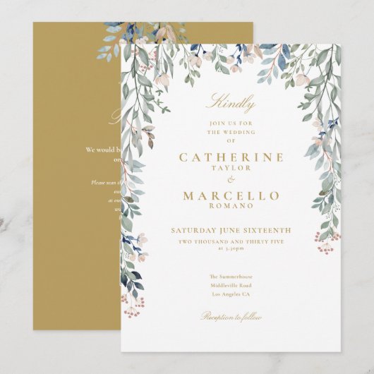 Invitation Code QR Floral Fleurs des Champs Mariage Or (Devant / Derrière)