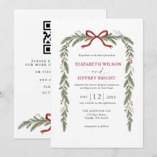 Invitation Code QR Floral Hiver Noël Mariage Ruban Rouge