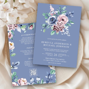 Invitation Code QR Floral Mariage Bleu Poussiéreux et Rose Pe