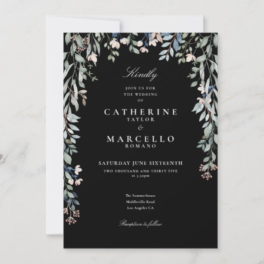 Invitation Code QR floral mariage noir et blanc (Devant)