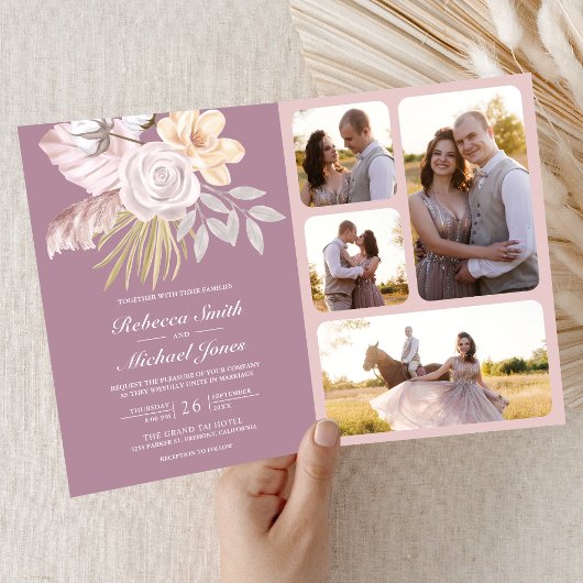 Invitation Code QR Floral Mariage Rose Mauve Poussiéreux Rust