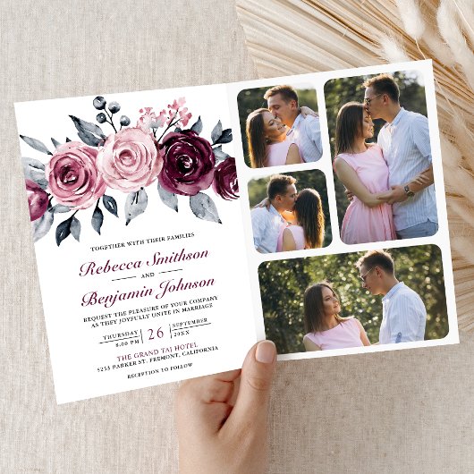 Invitation Code QR Floral Mariage Rose Poussiéreux Prune Viol