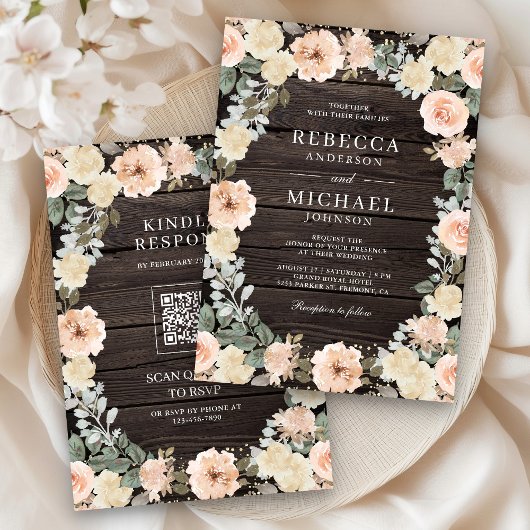 Invitation Code QR Floral Pêche Poussiéreuse Rustique Bois Ma