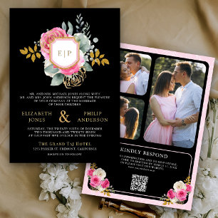 Invitation Code QR Floral Rose Fuchsia Crête Noire Mariage
