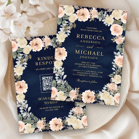 Invitation Code QR Floral Rustique Pêche Poussiéreuse Mariage
