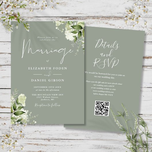 Invitation Code QR Floral Végétal Vert Sauge Mariage