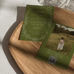 Invitation Code QR floral vert olive Photo Mariage Argent Anc