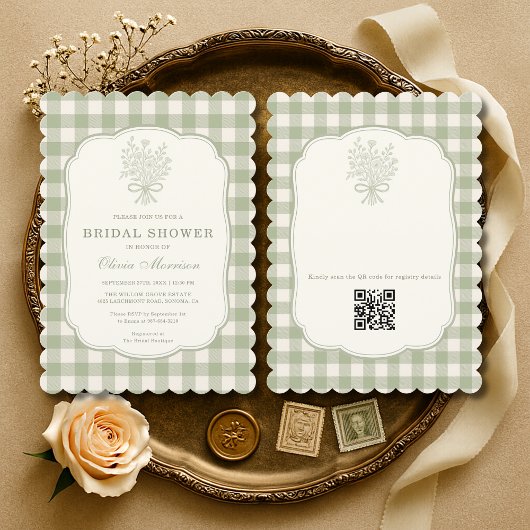 Invitation Code QR Gingham Vert Sauge Floral Fête de Mariage