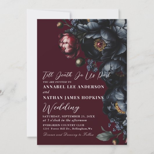 Invitation Code QR gothique Mariage rouge sombre Moody Peony (Devant)