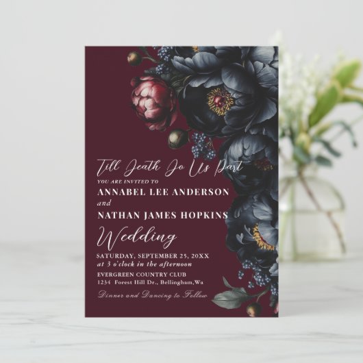 Invitation Code QR gothique Mariage rouge sombre Moody Peony (Debout devant)