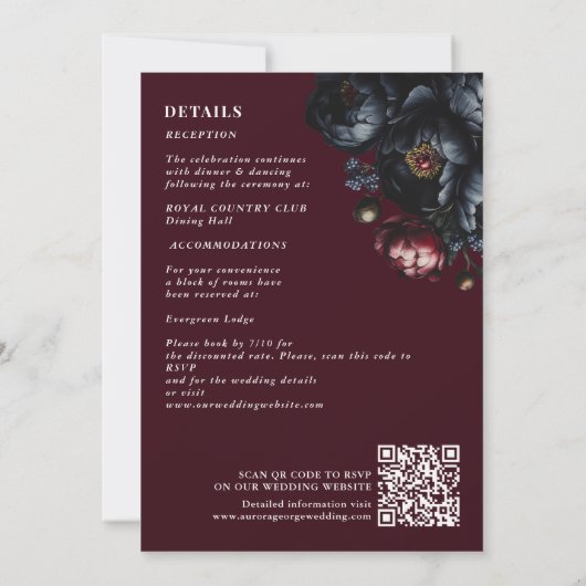 Invitation Code QR gothique Mariage rouge sombre Moody Peony (Dos)