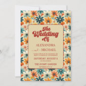 Invitation Code QR Groovy Rétro Fleurs Mariage des années 70 (Devant)
