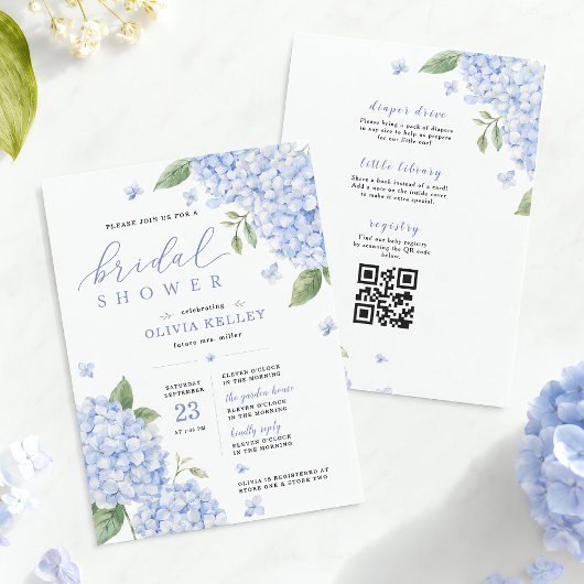 Invitation Code QR Hydrangea Bleue Floral Aquarelle