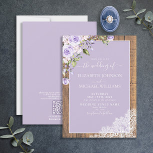 Invitation Code QR Lavande Lilas Dentelle de Bois Rustique Ma