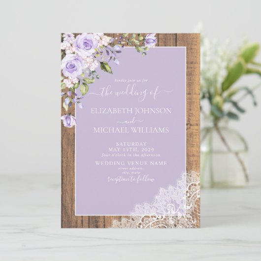 Invitation Code QR Lavande Lilas Dentelle de Bois Rustique Ma (Debout devant)