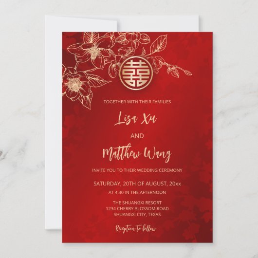 Invitation Code QR | Magnolia Gold Red Mariage chinois (Devant)