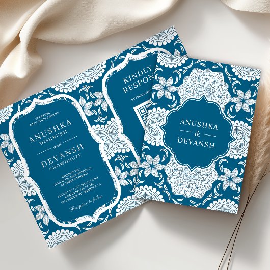 Invitation Code QR Mandala Bleu et Blanc Mariage Indien