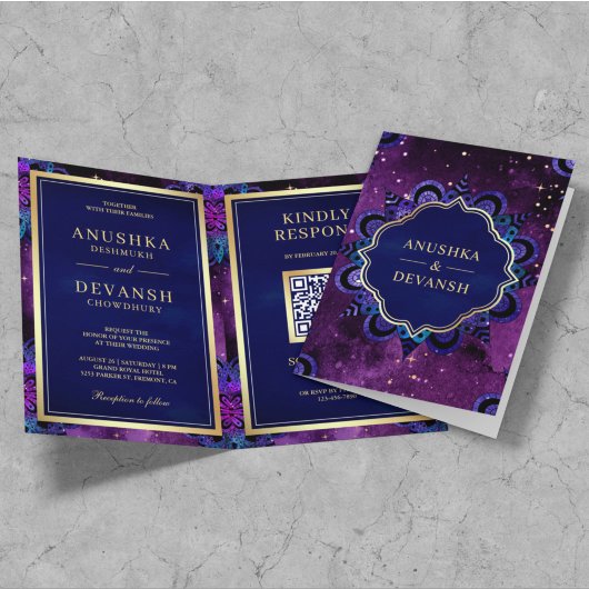 Invitation Code QR Mandala Bleu Galaxie Violette Mariage Indi