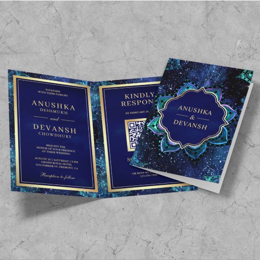 Invitation Code QR Mandala Galaxie Bleu Royal Mariage Indien
