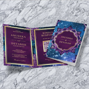 Invitation Code QR Mandala Violet Galaxie Bleue Mariage Indie