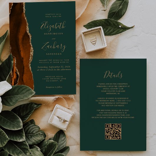 Invitation Code QR Mariage Agate Or Doré Orange Brûlé Vert Fo