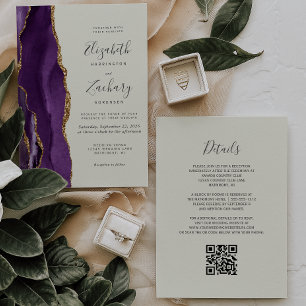 Invitation Code QR Mariage Agate Violet Or Ivoire