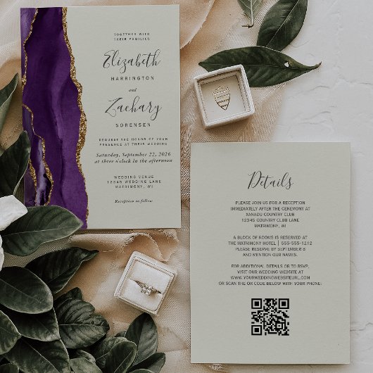 Invitation Code QR Mariage Agate Violet Or Ivoire