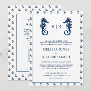 Invitation Code QR Mariage Ancre Nautilique Bleue Hippocampe