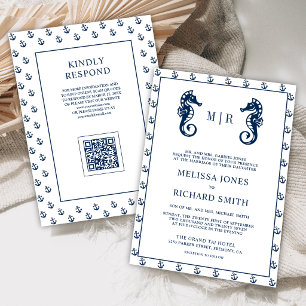 Invitation Code QR Mariage Ancre Nautilique Bleue Hippocampe