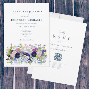 Invitation Code QR Mariage Aquarelle Fleur Sauvage Bleu